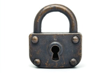 A classic old padlock with a rounded shackle and a weathered finish, displayed on white.