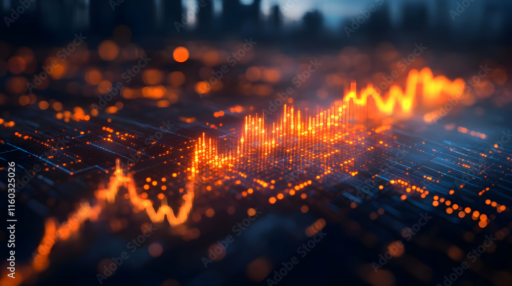 Aufkleber abstract digital visualization of data trends with glowing orange lines on a dark background.