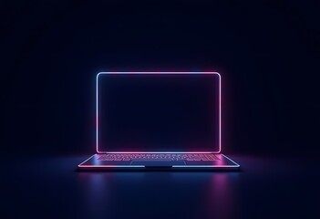 3d render laptop notebook electronic device isolated on ultra violet background, illuminated with neon light. Virtual reality. Futuristic technology concept. Digital illustration
