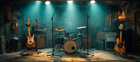 Garage band for rehearsal with spotlight. Music and song hobbies. Generative AI technology.	
