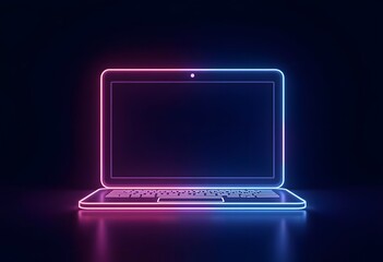 3d render laptop notebook electronic device isolated on ultra violet background, illuminated with neon light. Virtual reality. Futuristic technology concept. Digital illustration
