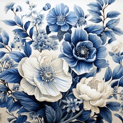 Fototapeta premium Vintage Blue and White Botanical Pattern Print