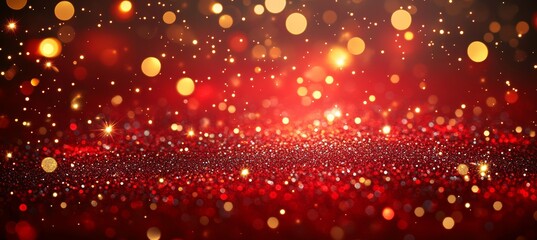 Red glitter and gold sparkle light backdrop. Christmas Winter December and new year holiday event. Generative AI technology.
