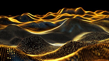 Abstract golden glowing particle wave landscape.