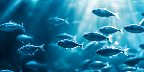 Obraz premium Underwater School of Fish Swimming Gracefully in Crystal Clear Ocean Waters : Generative AI
