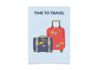 Travel card with suitcases. Concept of travel, summer, vacation, business trip. Vector hand drawn poster in flat style.