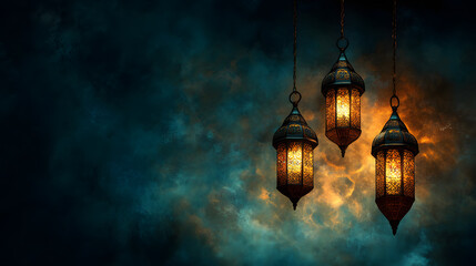 Obraz premium Ramadan background, in colors of black and gold, with ample copy space for text or graphics.