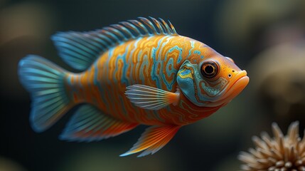 Fototapeta premium Bright orange fish with striped pattern underwater