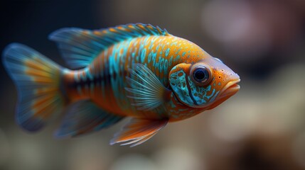 Fototapeta premium Bright orange fish with striped pattern underwater