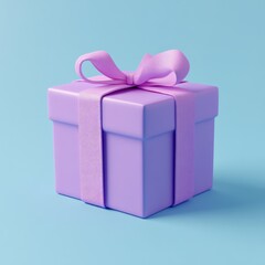 Obraz premium Lavender gift box with purple ribbon on light blue background.