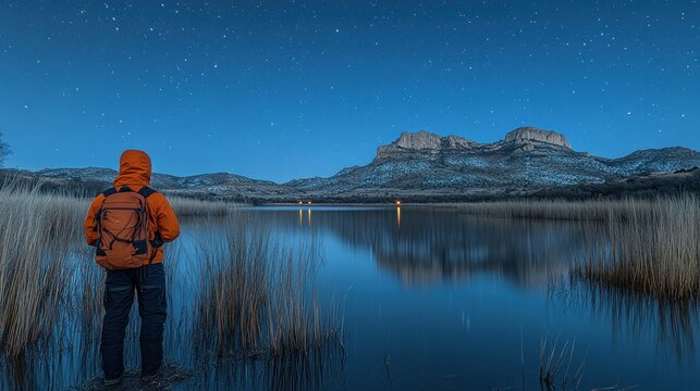 Man admiring starry night sky over calm lake and mountain. - Powered by Adobe