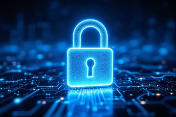 Blue glowing padlock illustration on a futuristic circuit board background, symbolizing cybersecurity, data protection, and privacy concepts. Ai generative