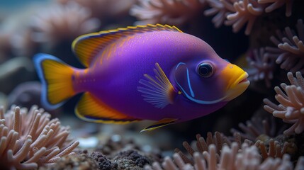 Obraz premium Purple and yellow tropical fish swimming in coral reef