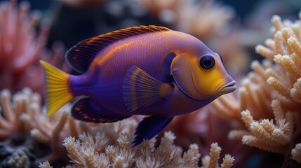 Obraz premium Purple and yellow tropical fish swimming in coral reef