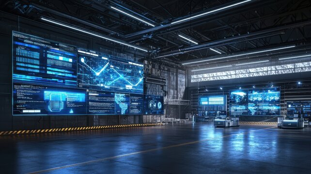 Analyzing data trends in a high-tech control room modern warehouse digital display industrial environment aerial view