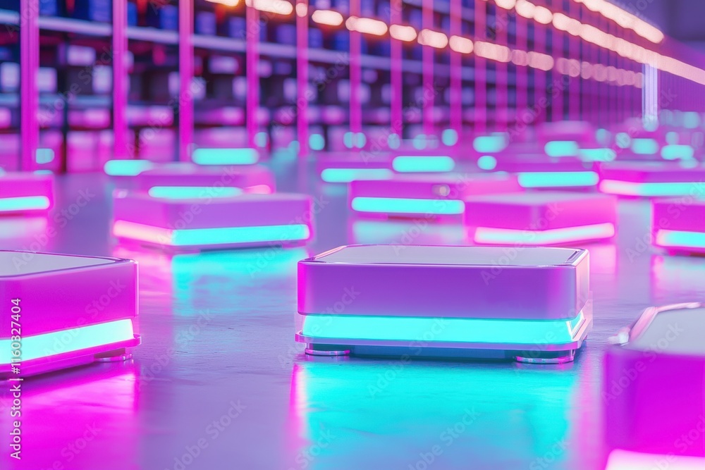 Poster automated robots operating in a high-tech warehouse modern setup futuristic environment close-up vie