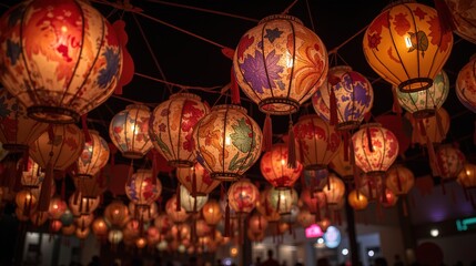 Fototapeta premium Ornate Chinese lanterns glowing at night during festival