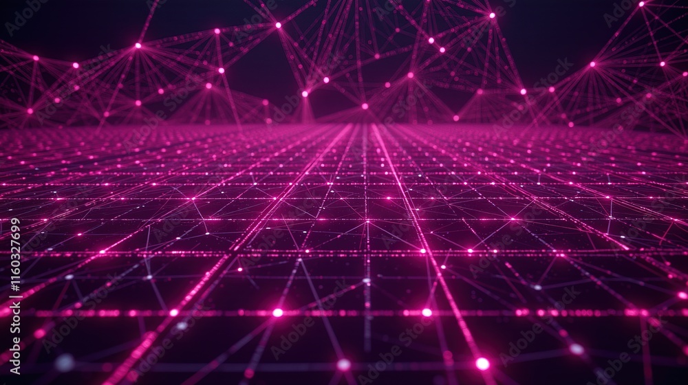 Poster futuristic pink neon grid with connected network patterns