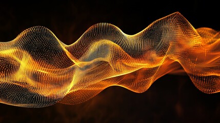 Abstract orange wave particles flowing on dark background.
