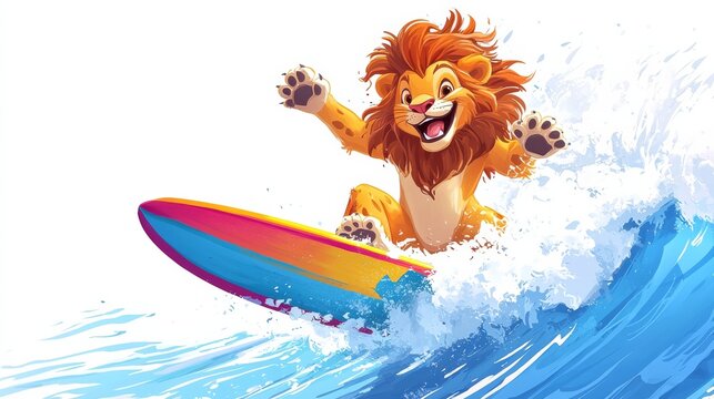A cheerful lion rides a colorful surfboard on a wave, embodying fun and adventure in a vibrant, animated style.