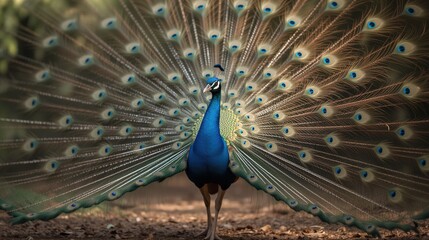 Obraz premium Peacock with fully spread feathers in lush greenery