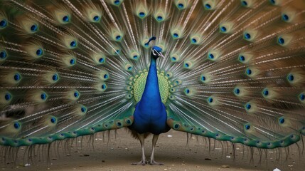 Obraz premium Peacock with fully spread feathers in lush greenery