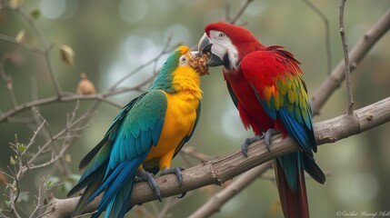 Fototapeta premium Parrot eating food on branch in tropical forest