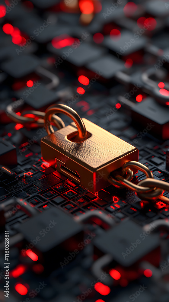 Poster golden padlock on a dark circuit board with glowing red elements