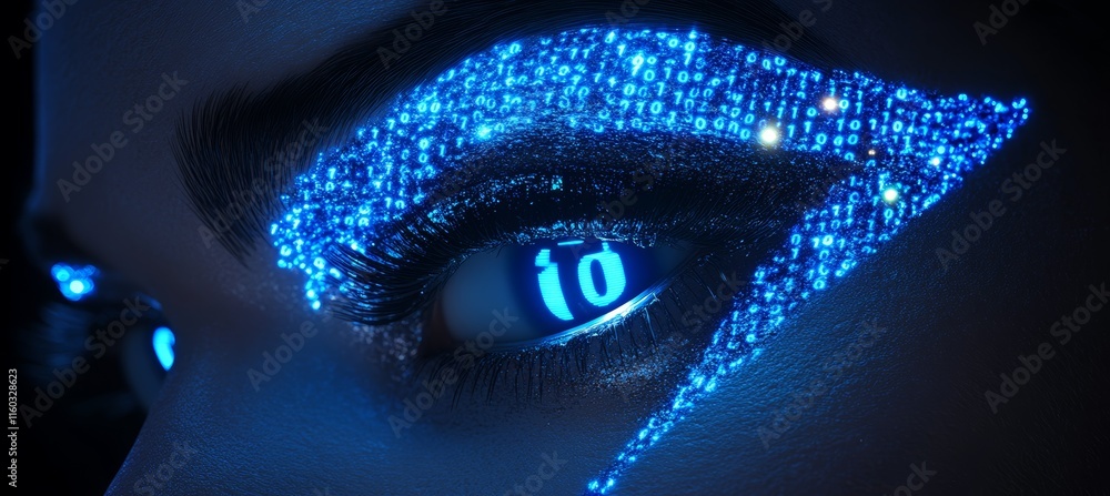 Poster glowing blue human digital eyes. technology wireless server communication system. generative ai tech