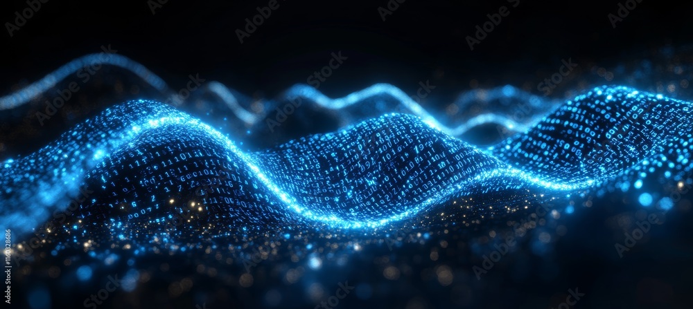 Fototapete Abstract blue matrix binary data wave. Wireless blockchain transfer. Generative AI technology.	
