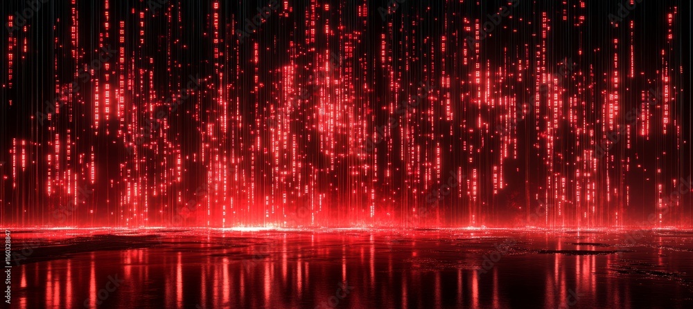 Poster Dark red matrix virtual data rainfall. Wireless data transfer. Generative AI technology.	

