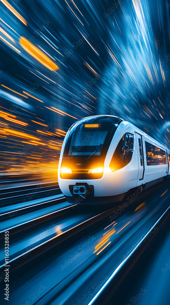 Poster high-speed train in motion with vibrant light trails conveying speed and technology