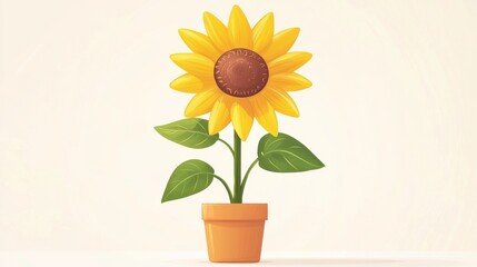 Obraz premium A bright, cheerful sunflower in a terracotta pot, showcasing its vibrant yellow petals and green leaves against a pastel background.