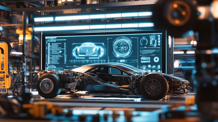 Obraz premium Innovative car production line showcasing cutting-edge technology and futuristic design elements in a sleek factory environment