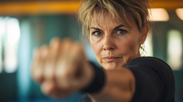 Confident Mature Woman Engaging in Intense Martial Arts Training for Fitness and Self-Empowerment : Generative AI