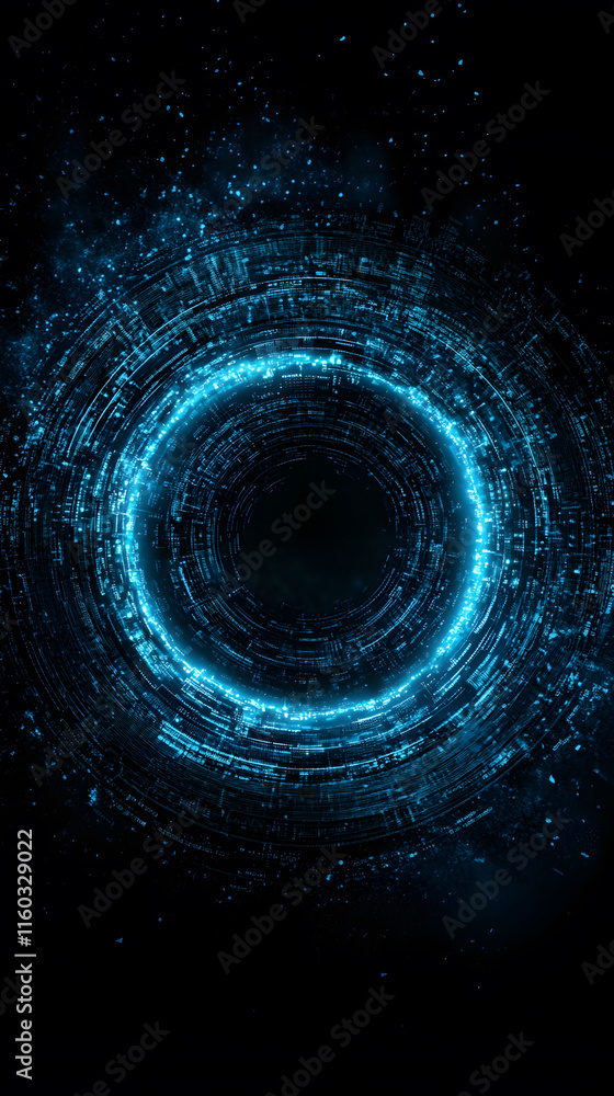 Poster digital blue circular pattern radiating light against a dark background