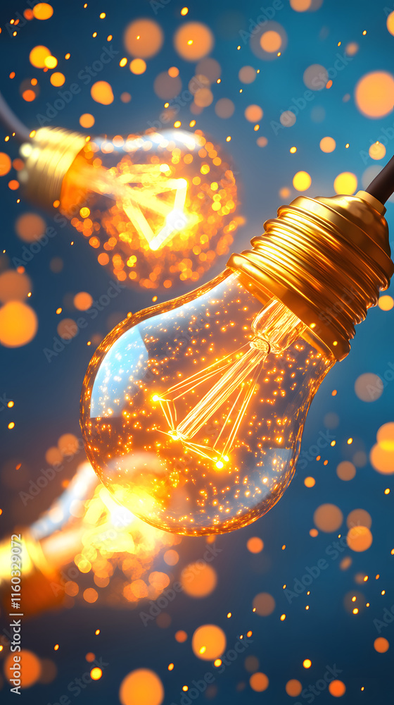 Poster bright, glowing light bulbs with a shimmering background of colorful bokeh