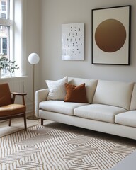 A stylish modern living room featuring a white sofa with pillows, a mid-century armchair, minimalist art, and a cozy inviting atmosphere for relaxation.