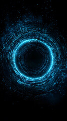 Digital blue circular pattern radiating light against a dark background