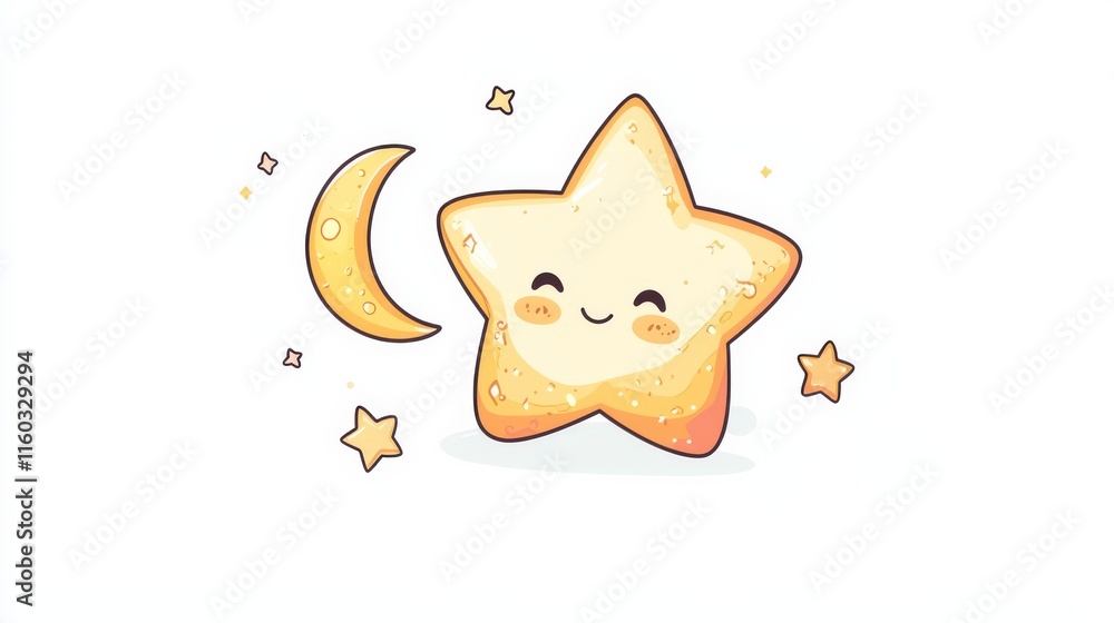 Poster a cute star with a smiling face is accompanied by a crescent moon and smaller stars, creating a whim