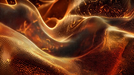 Abstract fiery orange and gold wave particle background.