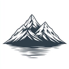 Monochrome illustration of majestic mountains reflected in still water.