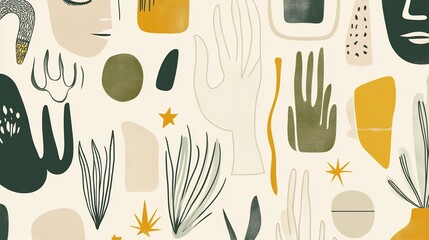 Abstract art with faces, hands, plants, and geometric shapes in muted tones.