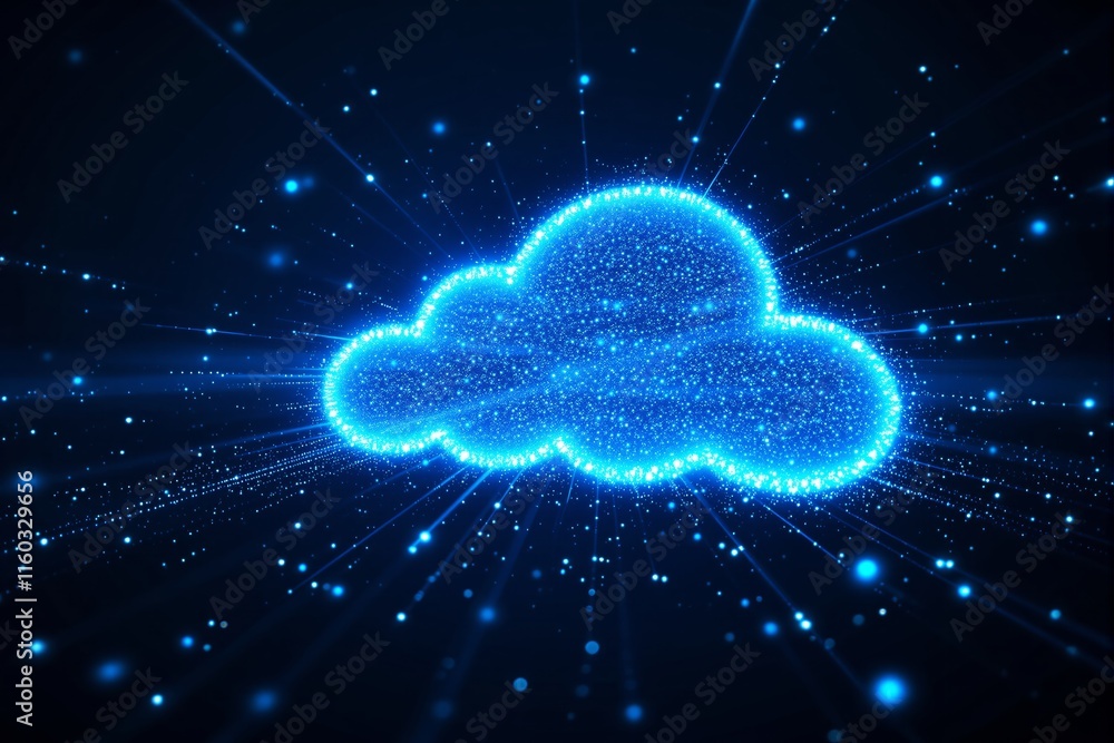 Poster illuminated cloud with glowing blue particles, digital style, on a dark background. concept of cloud