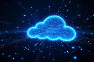 Illuminated cloud with glowing blue particles, digital style, on a dark background. Concept of cloud computing, data storage, and technology. Ai generative