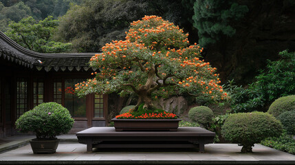 Serene Bonsai in a Tranquil Garden: A majestic bonsai tree, adorned with vibrant orange blossoms, commands attention in a serene garden setting. The image evokes a sense of peace and harmony. 