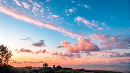 Colorful Sunset Sky Over a Lush Natural Landscape with Clouds