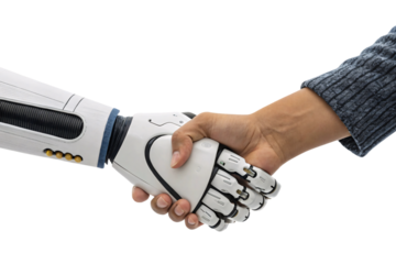 A robotic hand and a human hand firmly shaking, symbolizing collaboration, trust, and partnership between humans and technology, isolated on a transparent background