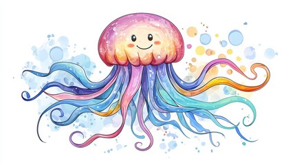Obraz premium A cheerful, colorful jellyfish with a smiling face, surrounded by soft splashes of blue and bubbles, creating a whimsical underwater vibe.