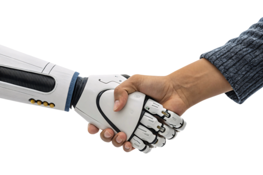 A robotic hand and a human hand firmly shaking, symbolizing collaboration, trust, and partnership between humans and technology, isolated on a transparent background
